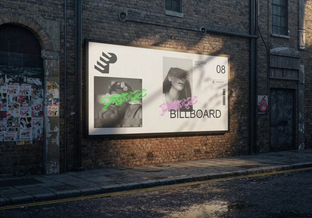 Affiche de style graphique placée sur un panneau publicitaire en milieu urbain, illustrant le message 'Combiner créativité et expertise'